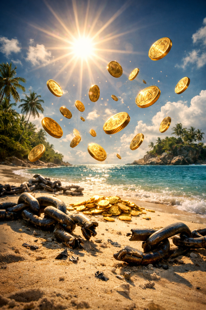 isla libertad financiera victoria rebelde monedas doradas